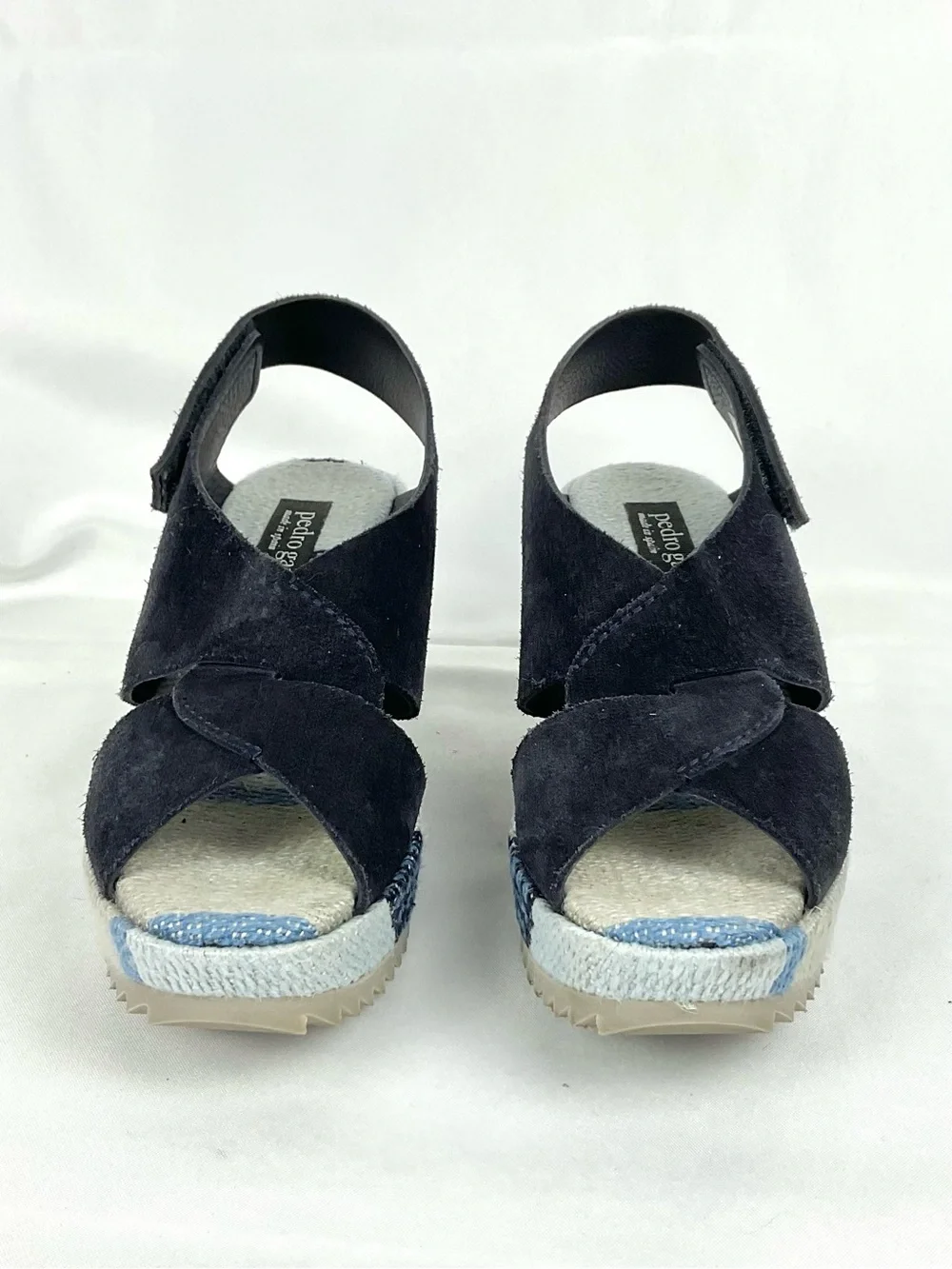 Pedro Garcia Navy Suede Wedge Sandals Fenen Espadrille Platform Sz 37.5